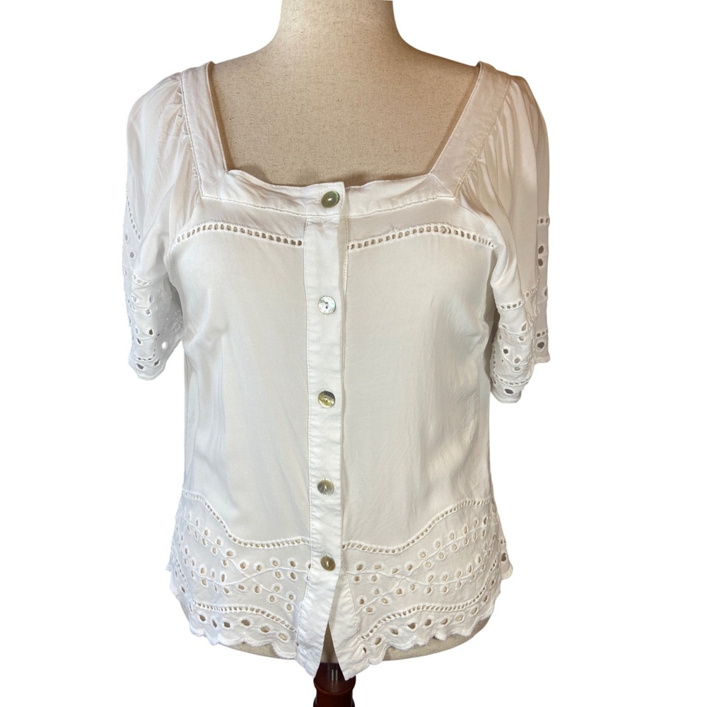 Grand and Greene White Eyelet Button Front Blouse Square Neck‎ Short Sleeve XL